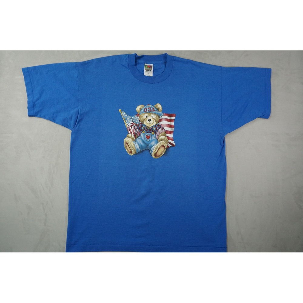 Vintage T-Shirt Mens‎ XL USA Bear Graphic Blue Teddy American Flag Single Stitch